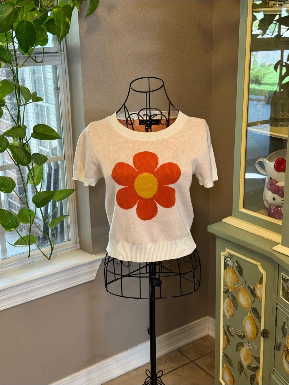 White Short-Sleeve Knit Top with Orange Flower Motif